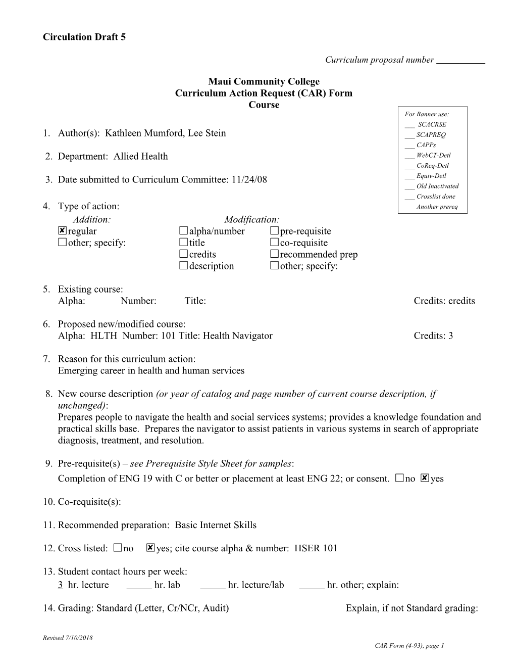 Curriculum Proposal Number 2008 s2