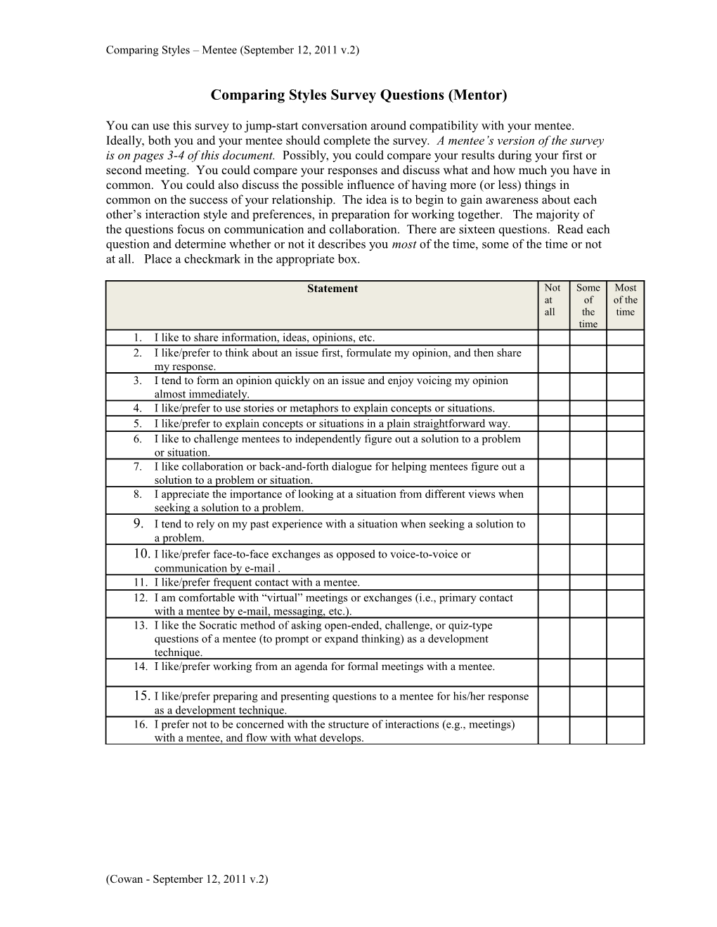 Comparing Styles Survey Questions (Mentors)