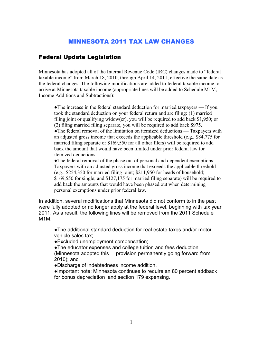 Minnesota 2011 Tax Law Changes