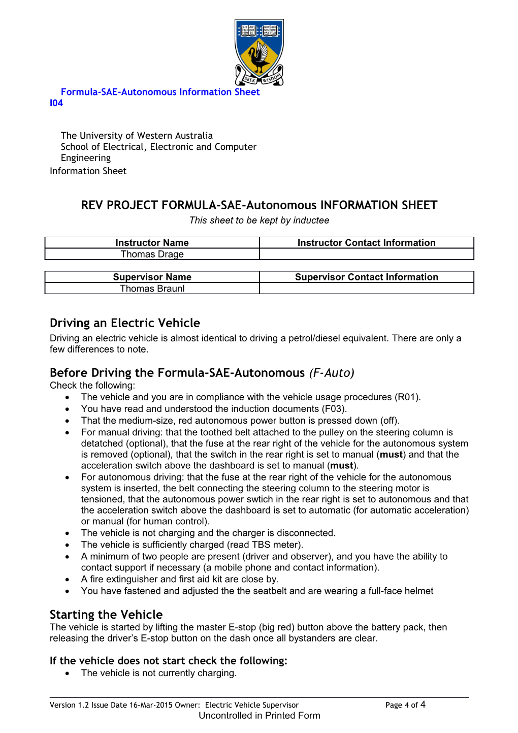 REV PROJECT FORMULA-SAE-Autonomous INFORMATIONSHEET