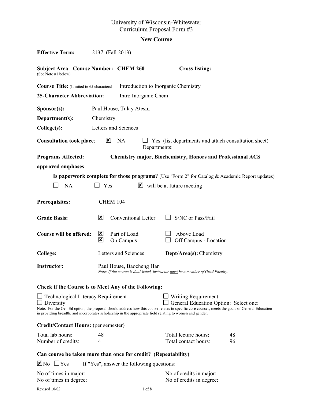 Subject Area - Course Number:CHEM 260Cross-Listing