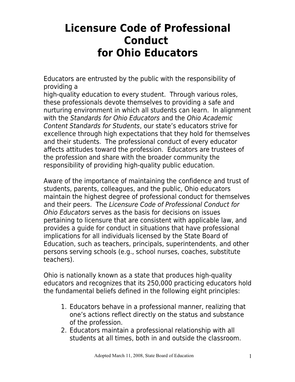 Draft of the Principles of Professional Conduct for Ohio Educators