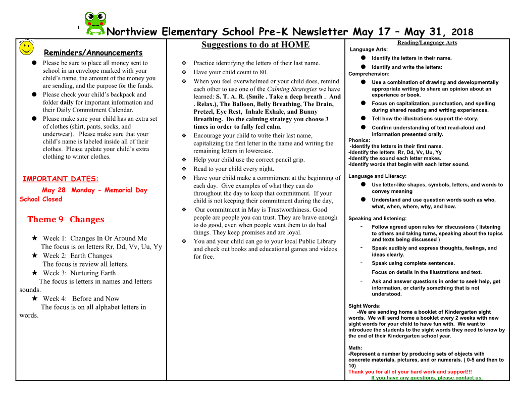 Northview Elementary School Pre-K Newsletter May 17 May 31, 2018