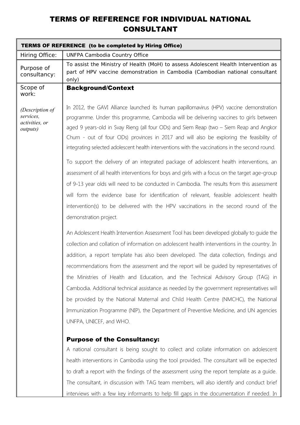 Terms of Reference for Individual National Consultant