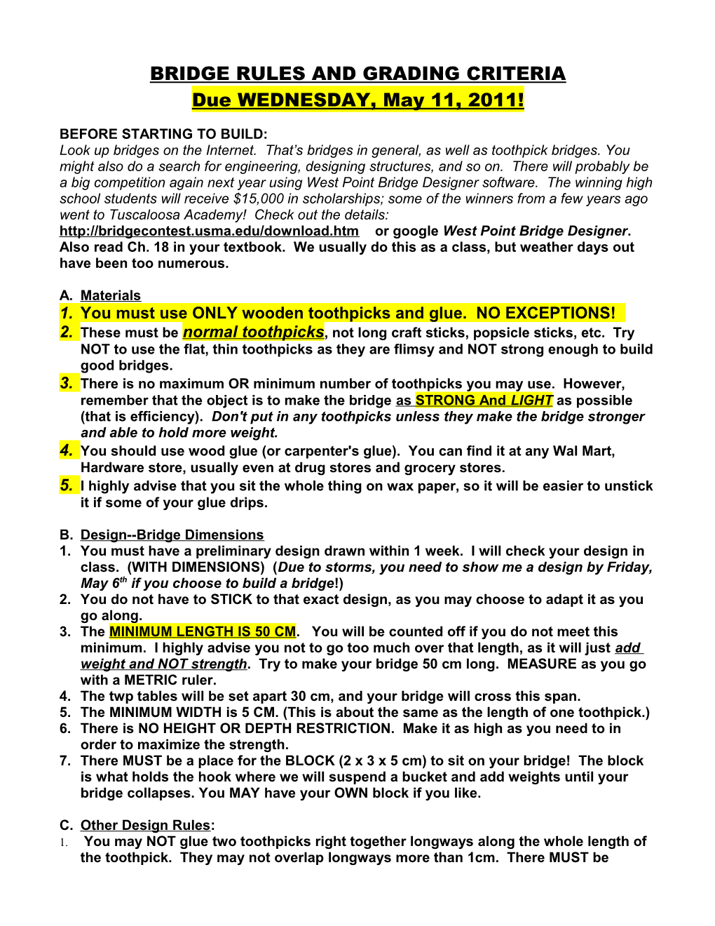 Bridge Rules and Grading Criteria