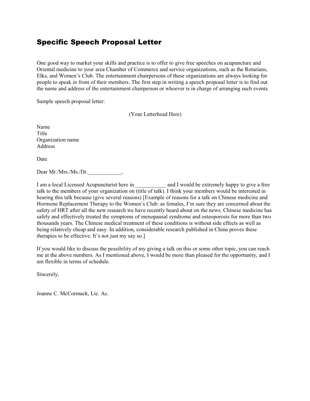 Specific Speech Proposal Letter