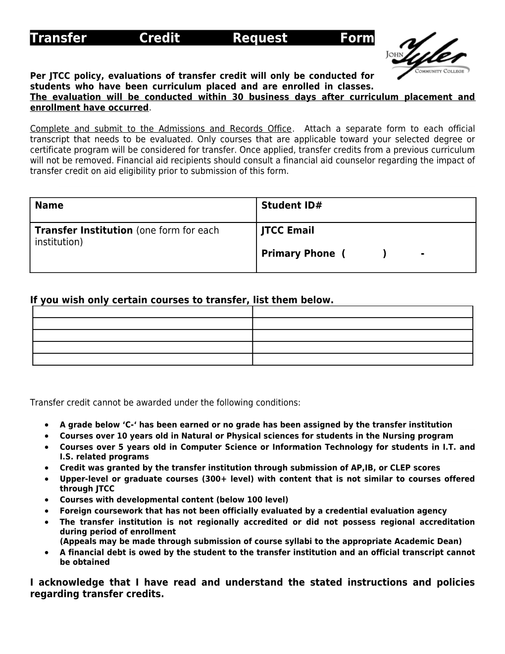 Transfer Credit Request Form