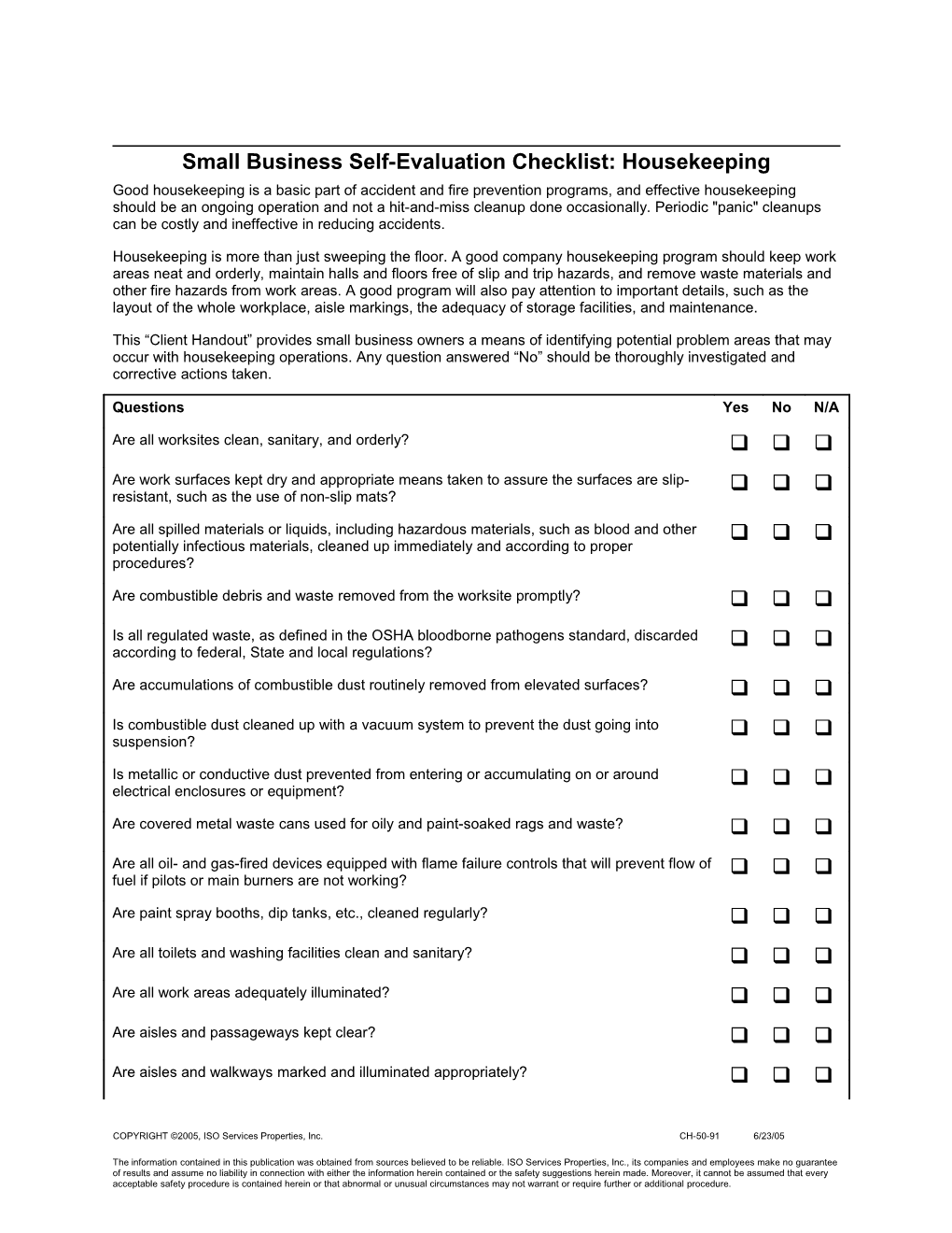 Small Business Self-Evaluation Checklist: Housekeeping