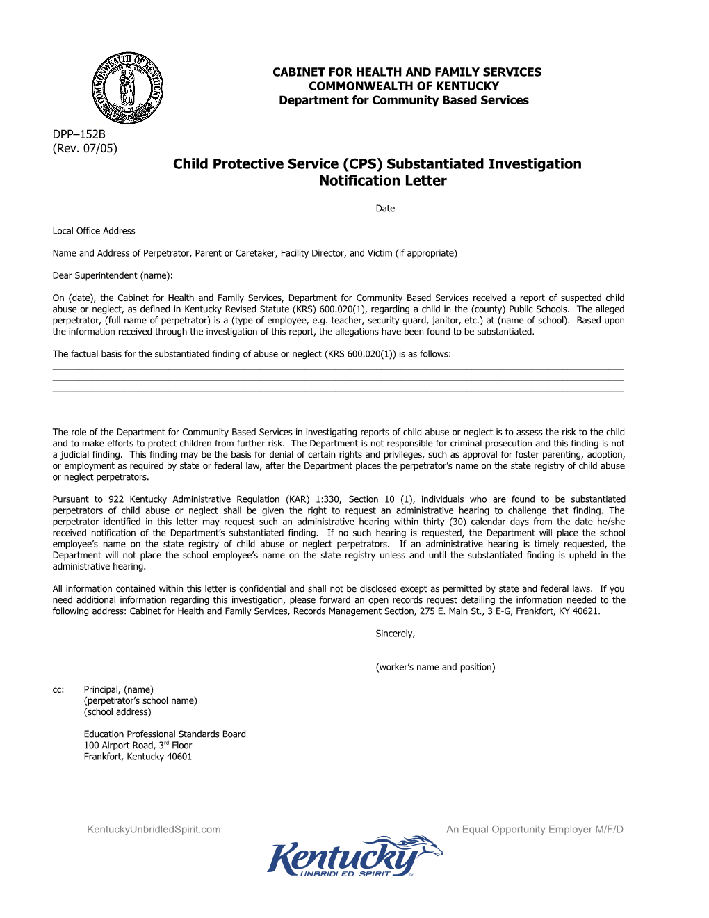 Child Protective Service Substantiated Investigation Notification Letter