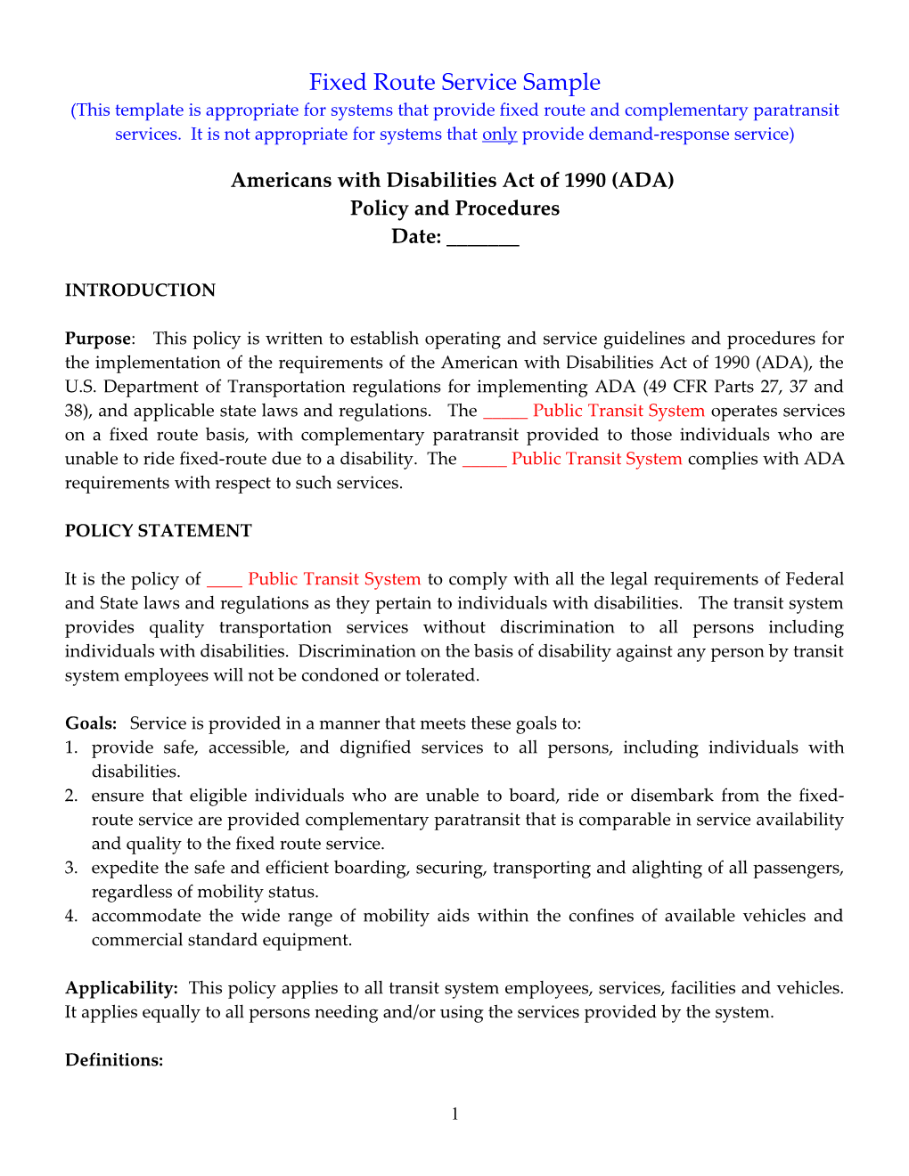 ADA Sample Policy - Systems with Fixed Routes - Rev. March 2014