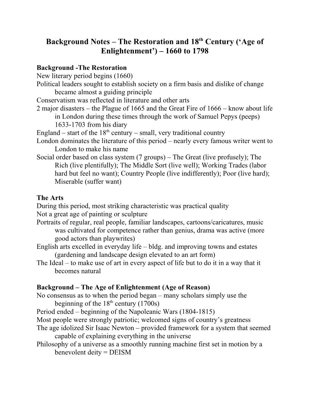 Background Notes the Restoration and 18Th Century ( Age of Enlightenment ) 1660 to 1798