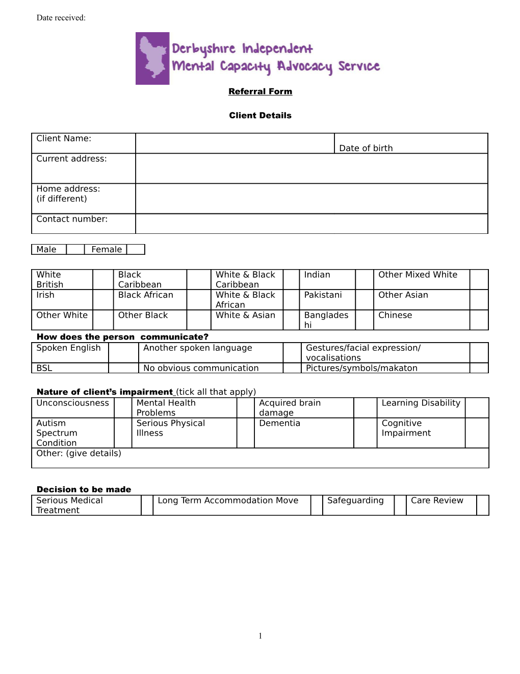 Independent Mental Capacity Advocacy (IMCA) Referral Form