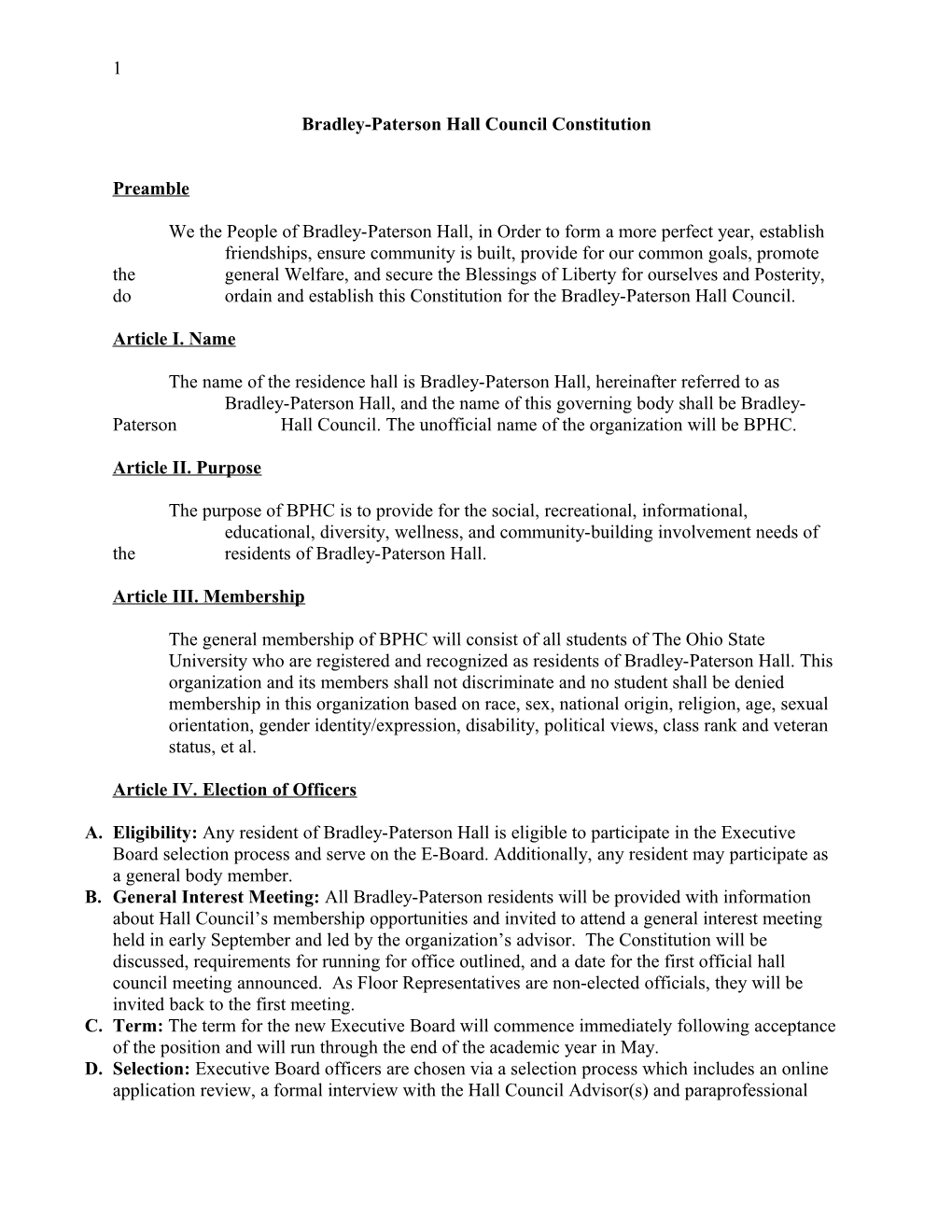 Bradley-Paterson Hall Council Constitution