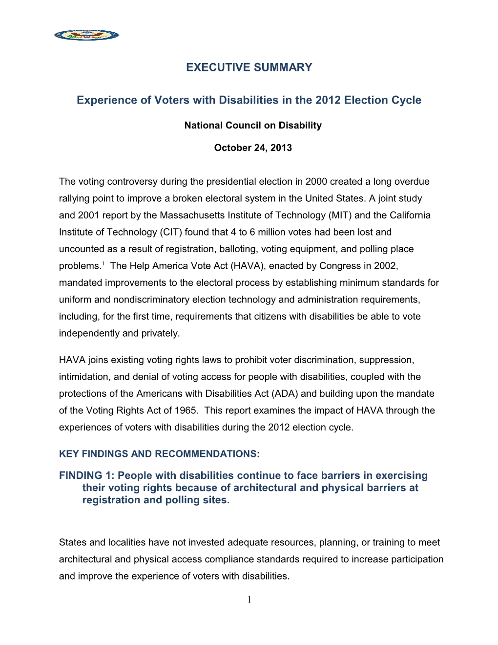 Experience of Voters with Disabilities in the 2012 Election Cycle
