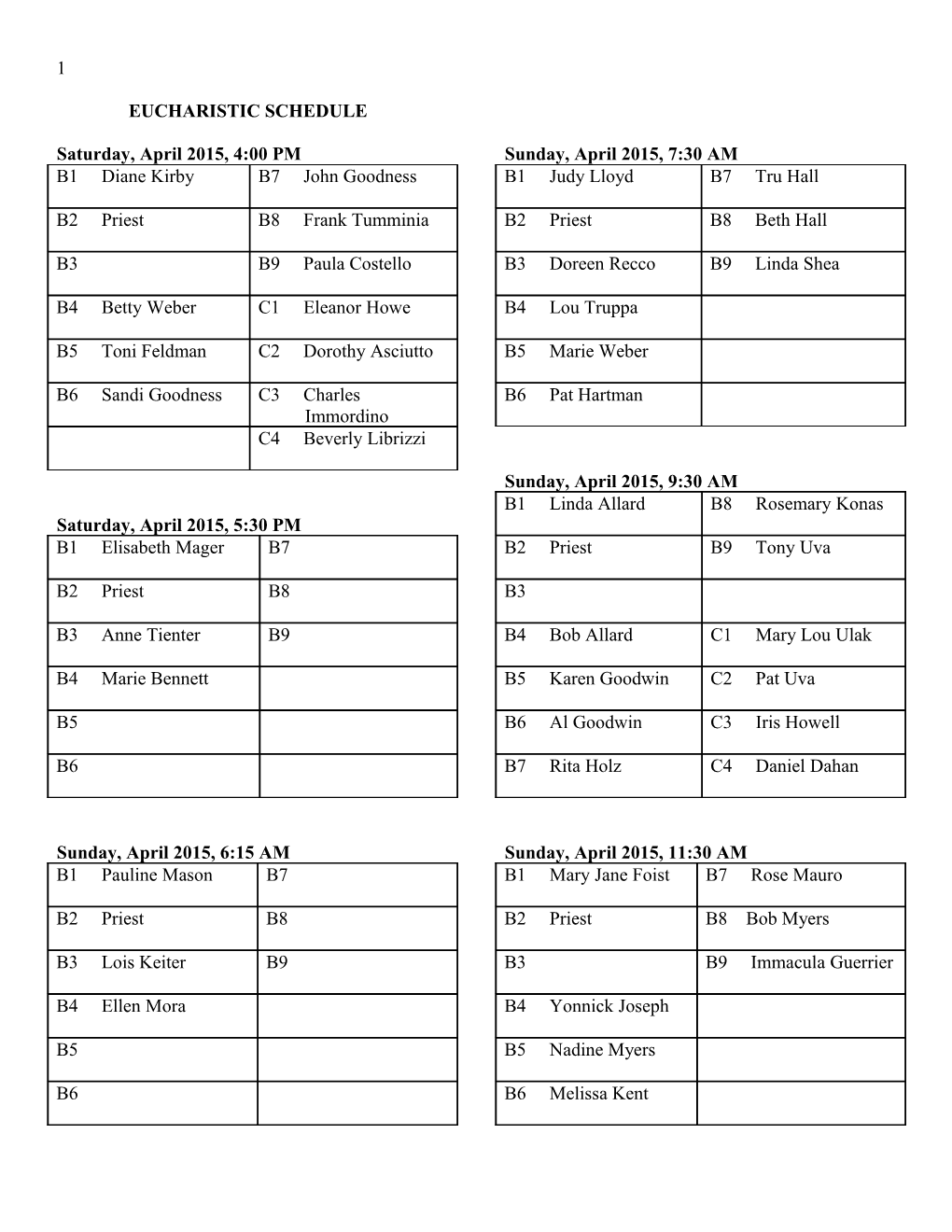 Eucharistic Schedule