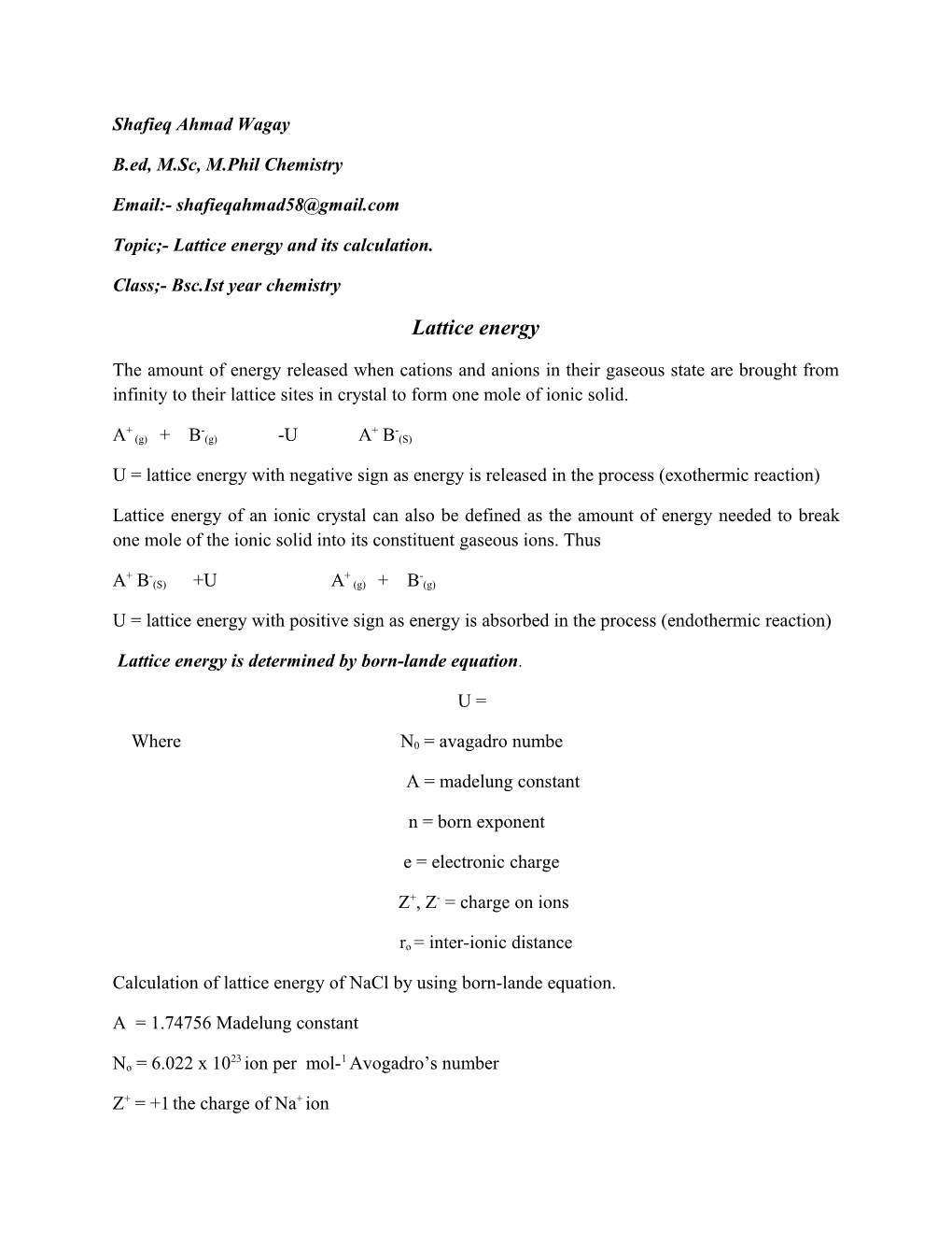 Topic;- Lattice Energy and Its Calculation