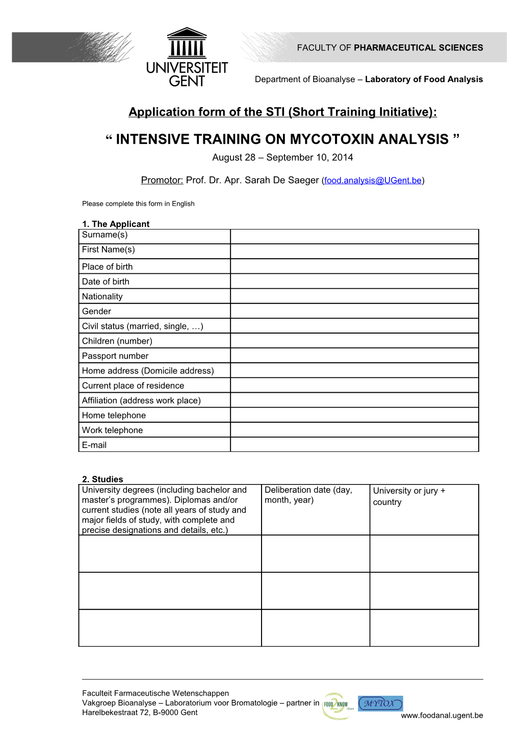 Application Form of the STI(Short Training Initiative)