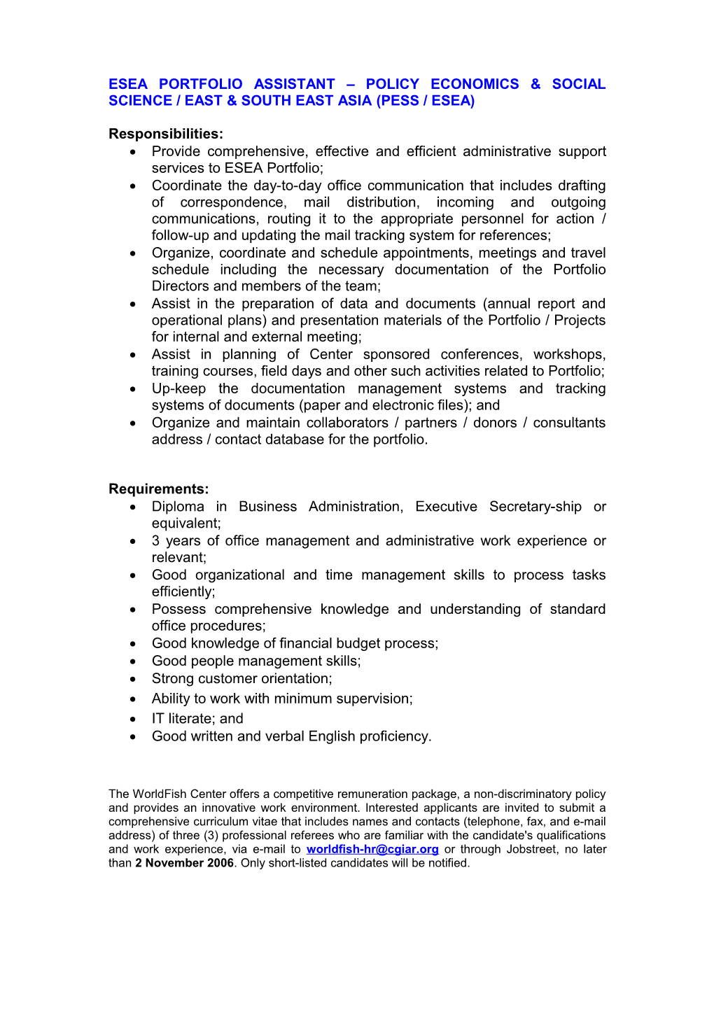 Esea Portfolio Assistant Policy Economics & Social Science / East & South East Asia (Pess