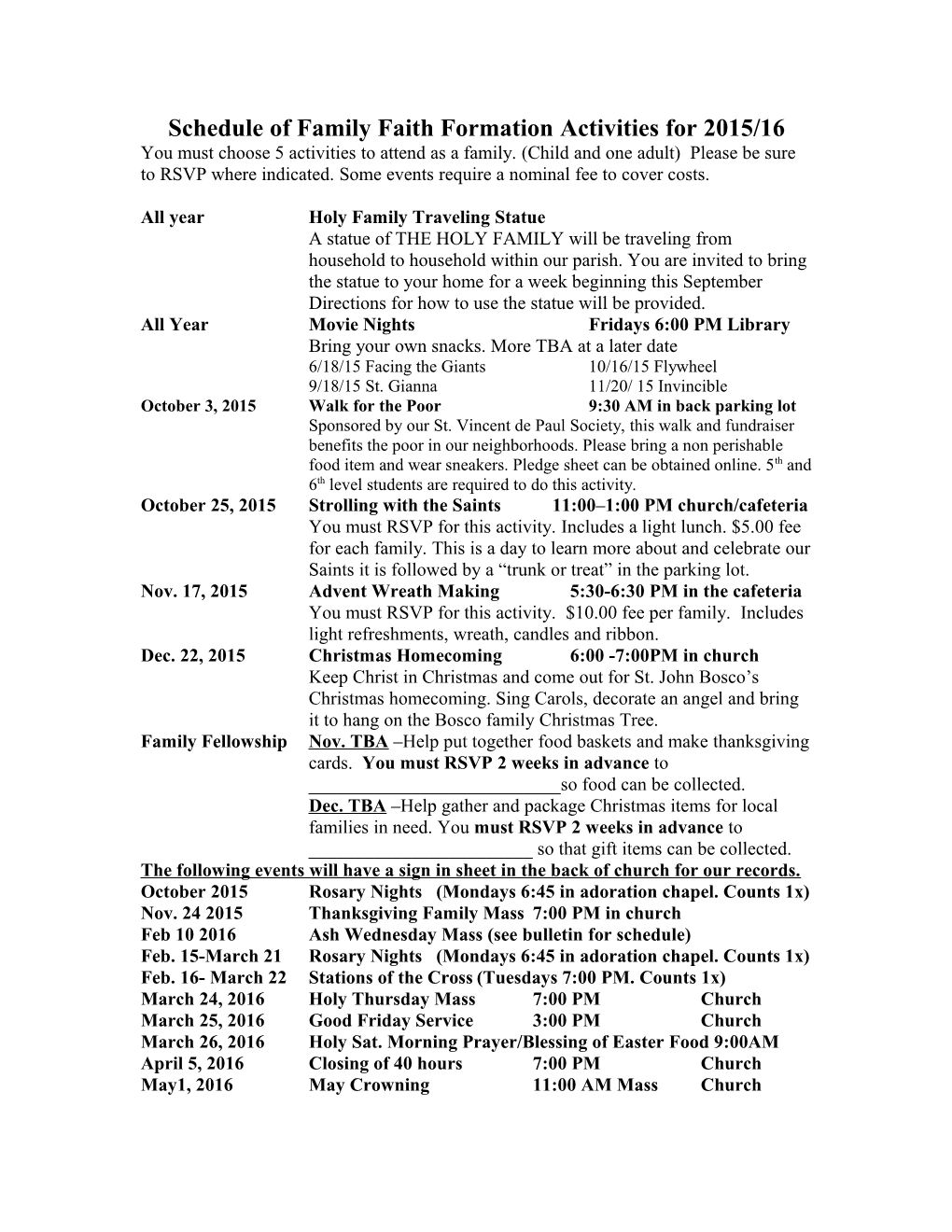 Preliminary Schedule of Family Faith Formation Activities for 2011/12