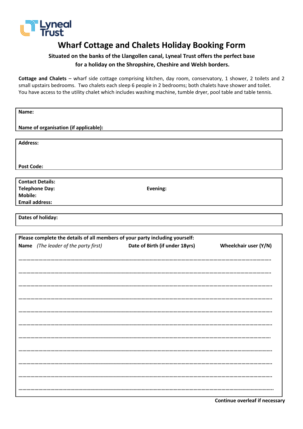 Wharf Cottage and Chalets Holiday Booking Form