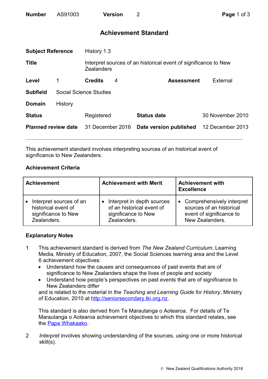 91003 Interpret Sources of an Historical Event of Significance to New Zealanders