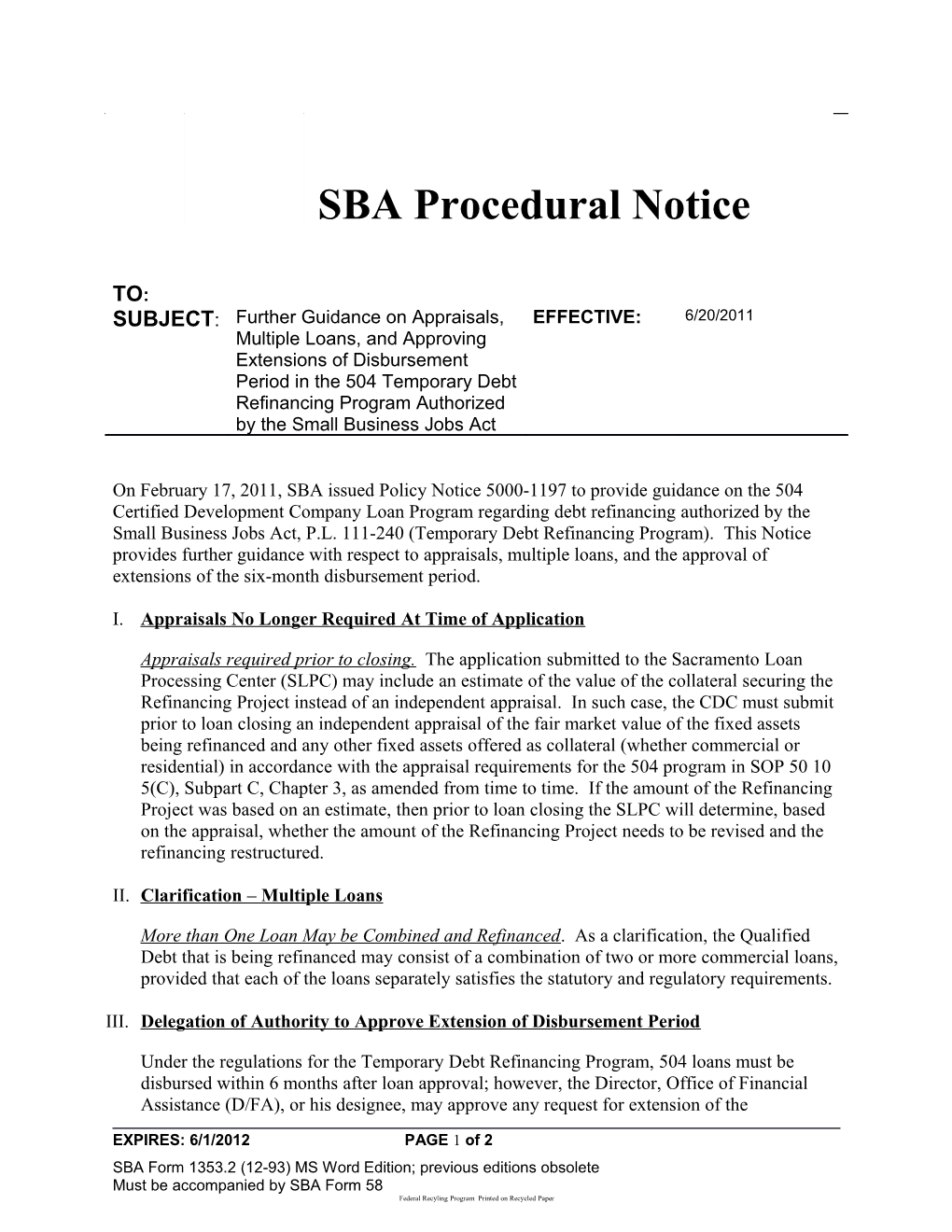 SBA Procedural Notice