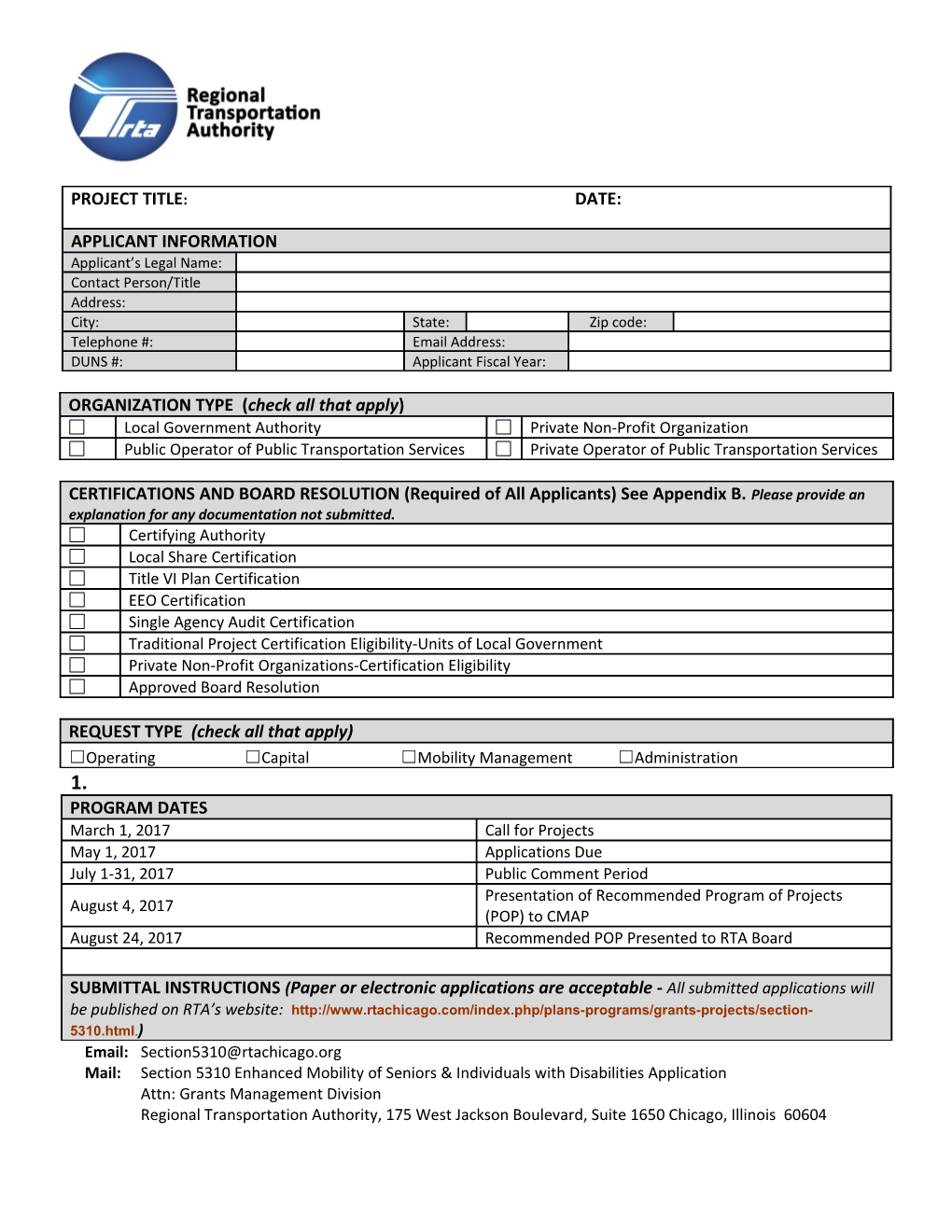 Mail: Section 5310 Enhanced Mobility of Seniors & Individuals with Disabilities Application