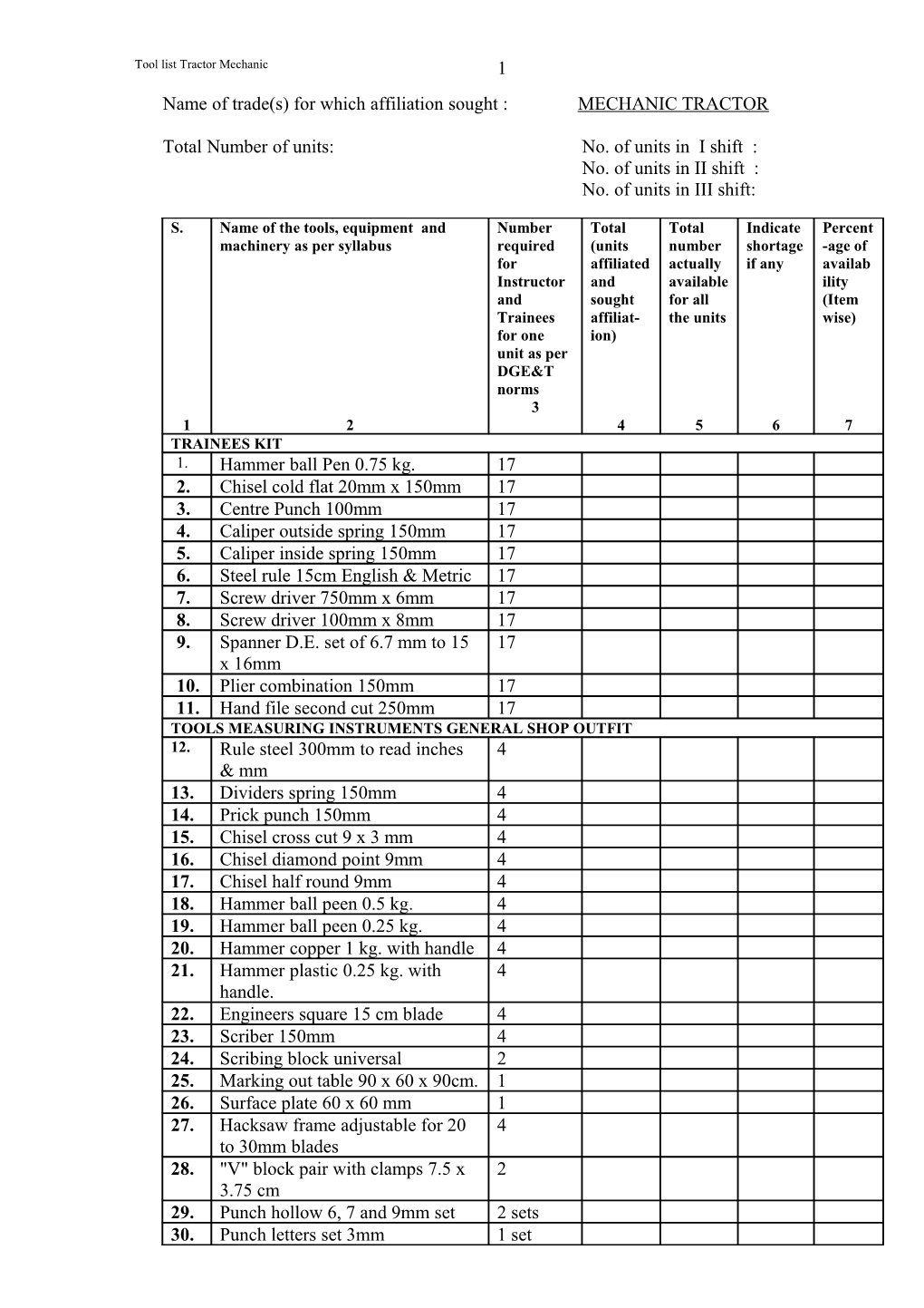 Tool List Tractor Mechanic