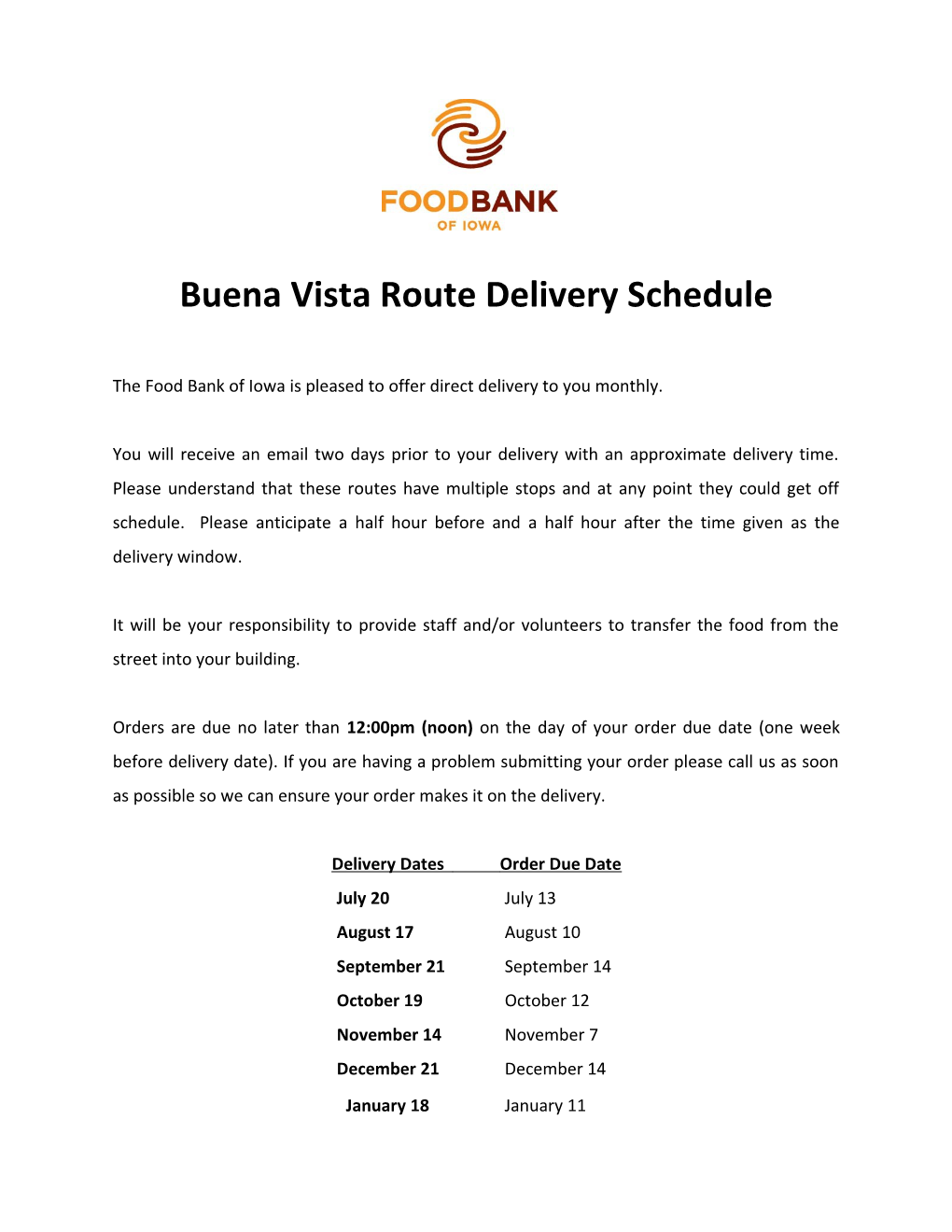 Buena Vista Route Delivery Schedule