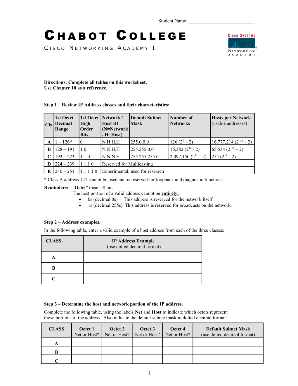 Directions: Complete All Tables on This Worksheet