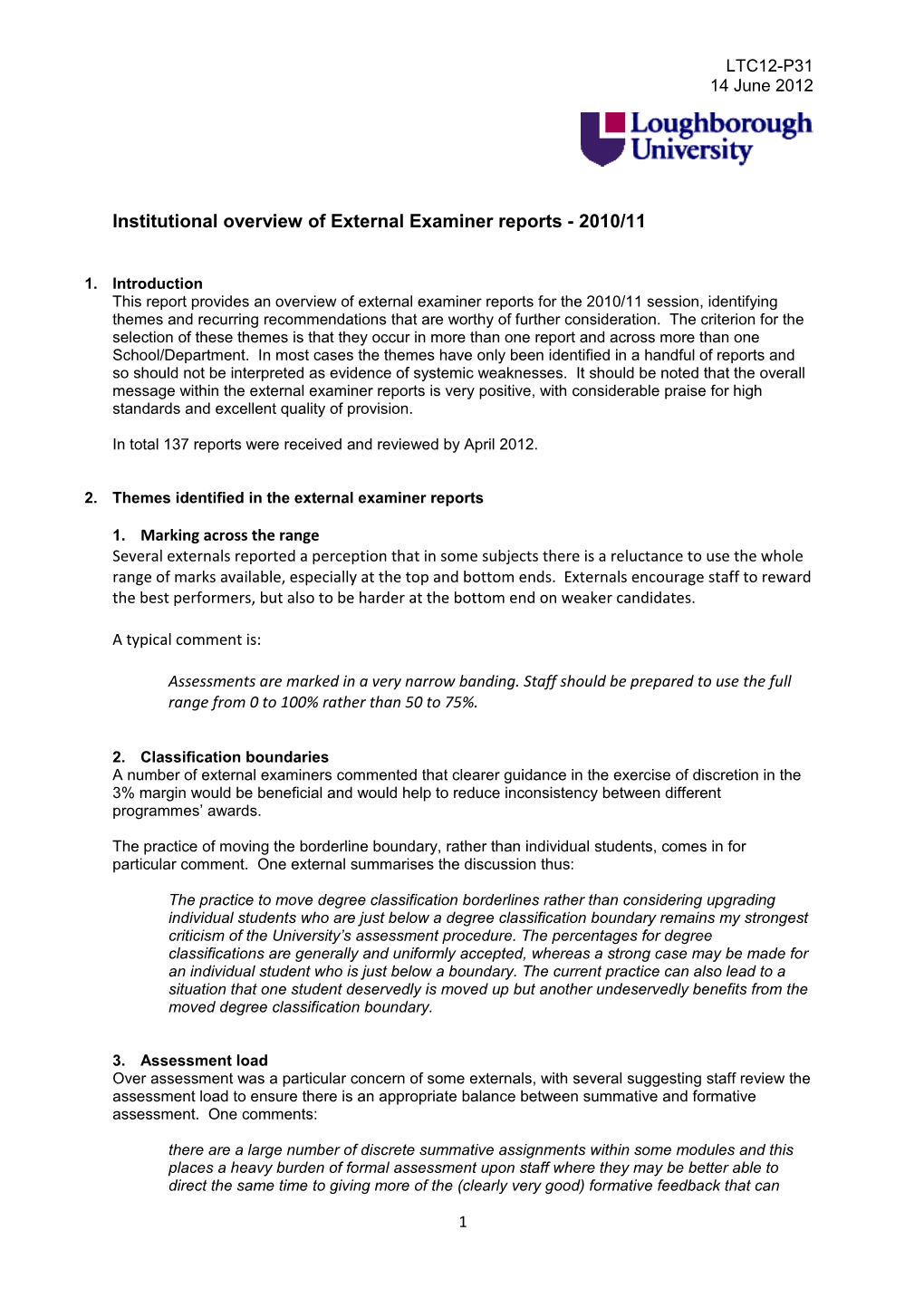 Institutional Overview of External Examiner Reports - 2010/11