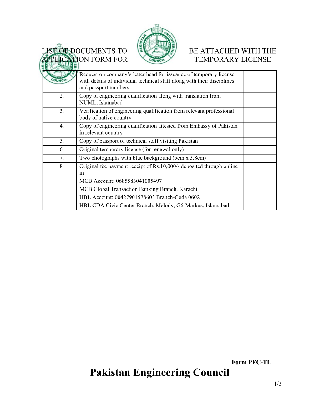 List of Documents to Be Attached with the Application Form for Temporary License