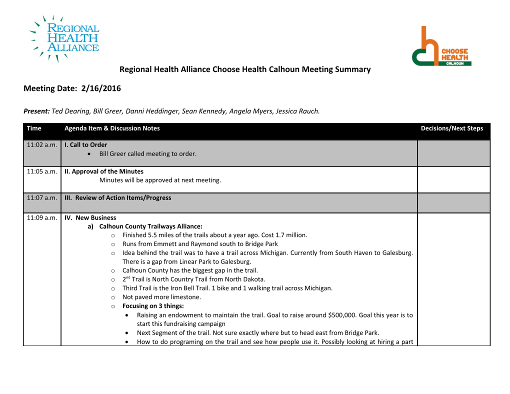 Regional Health Alliance Choose Health Calhoun Meeting Summary