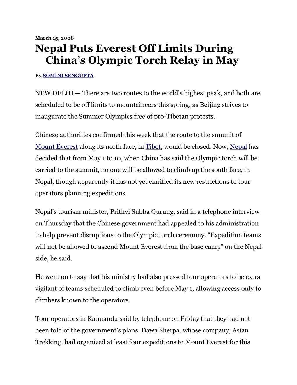 Nepal Puts Everest Off Limits During China S Olympic Torch Relay in May