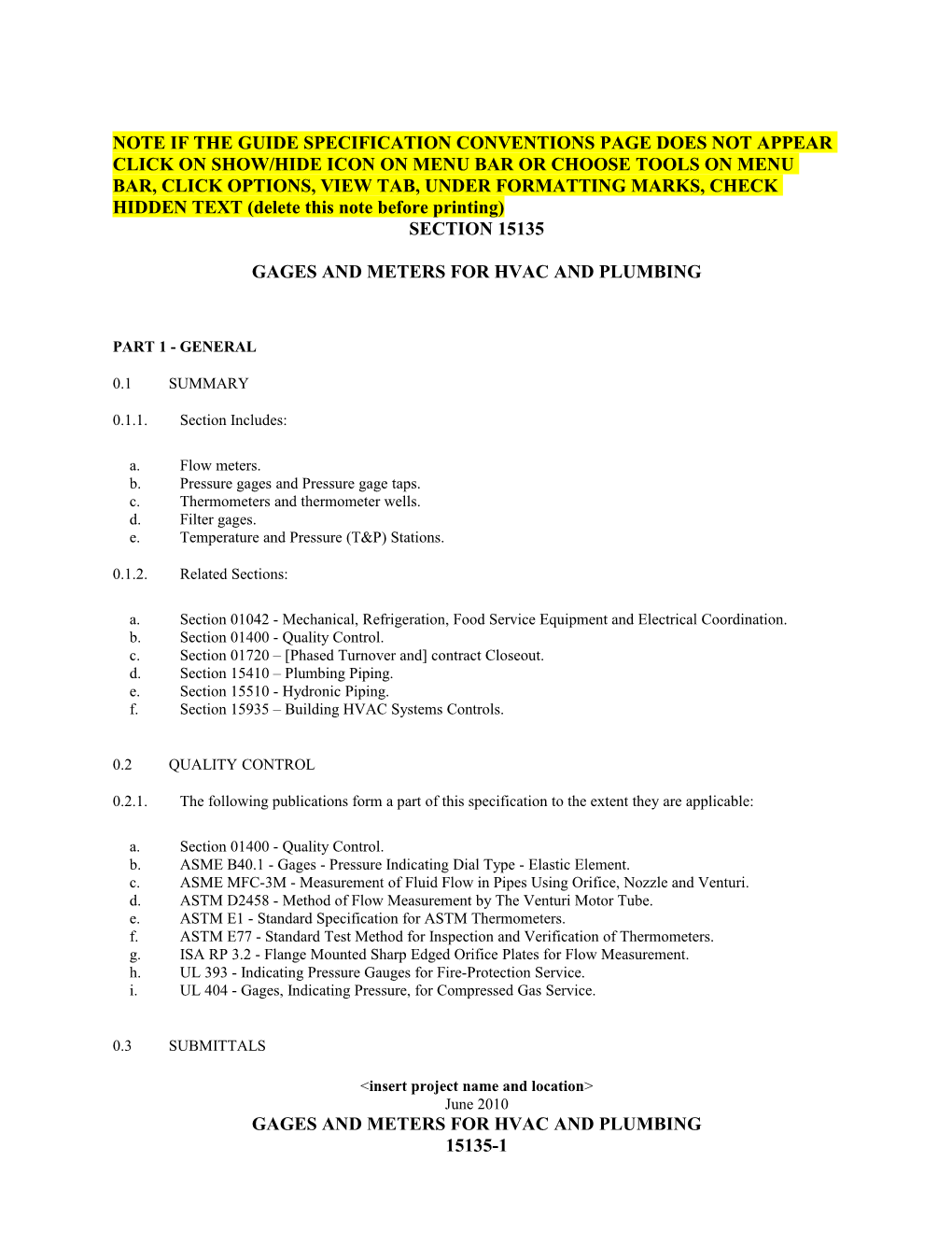 Section 15135-Gages and Meters for Hvac