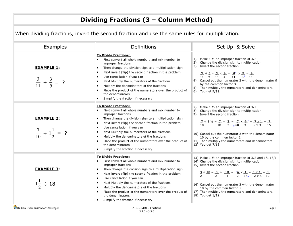 Dividing Fractions (3 Column Method)