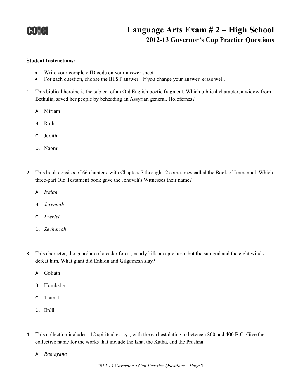 Write Your Complete ID Code on Your Answer Sheet