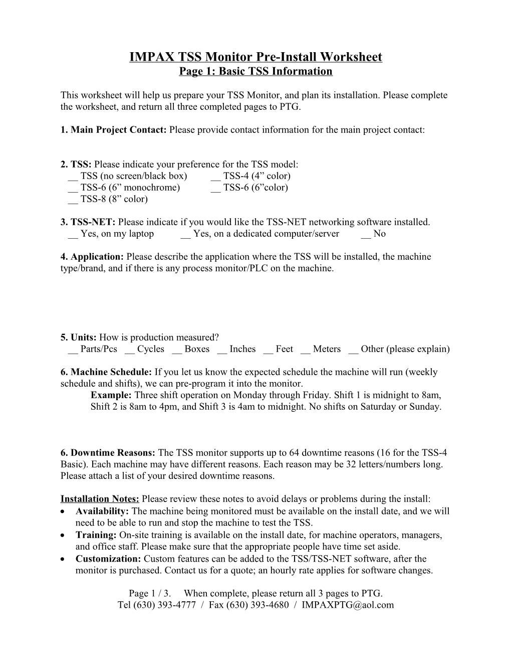 IMPAX TSS Monitor Pre-Install Sheet