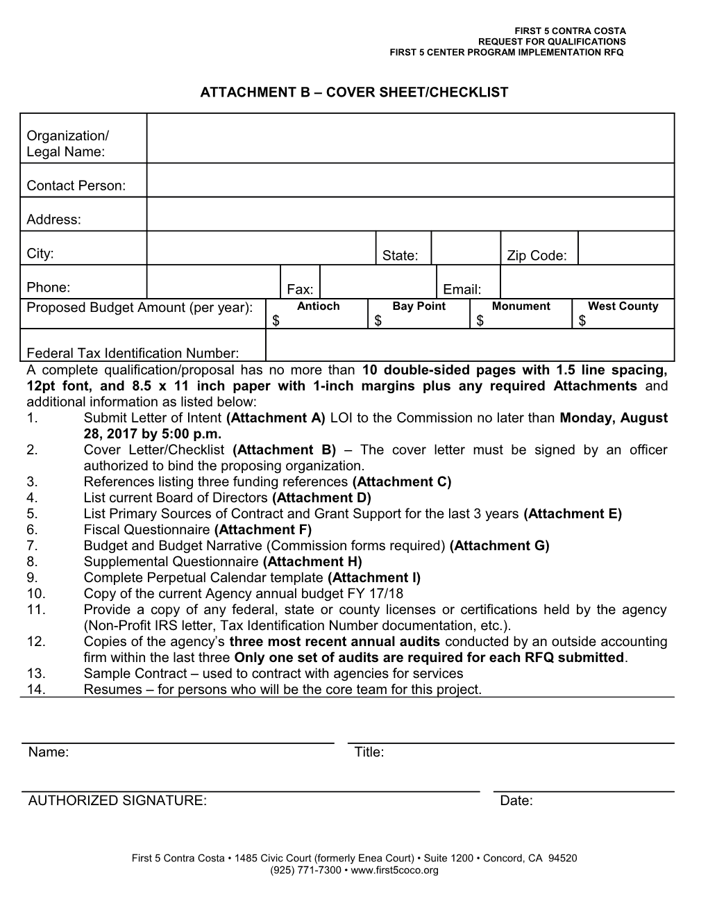 Attachment B Cover Sheet/Checklist