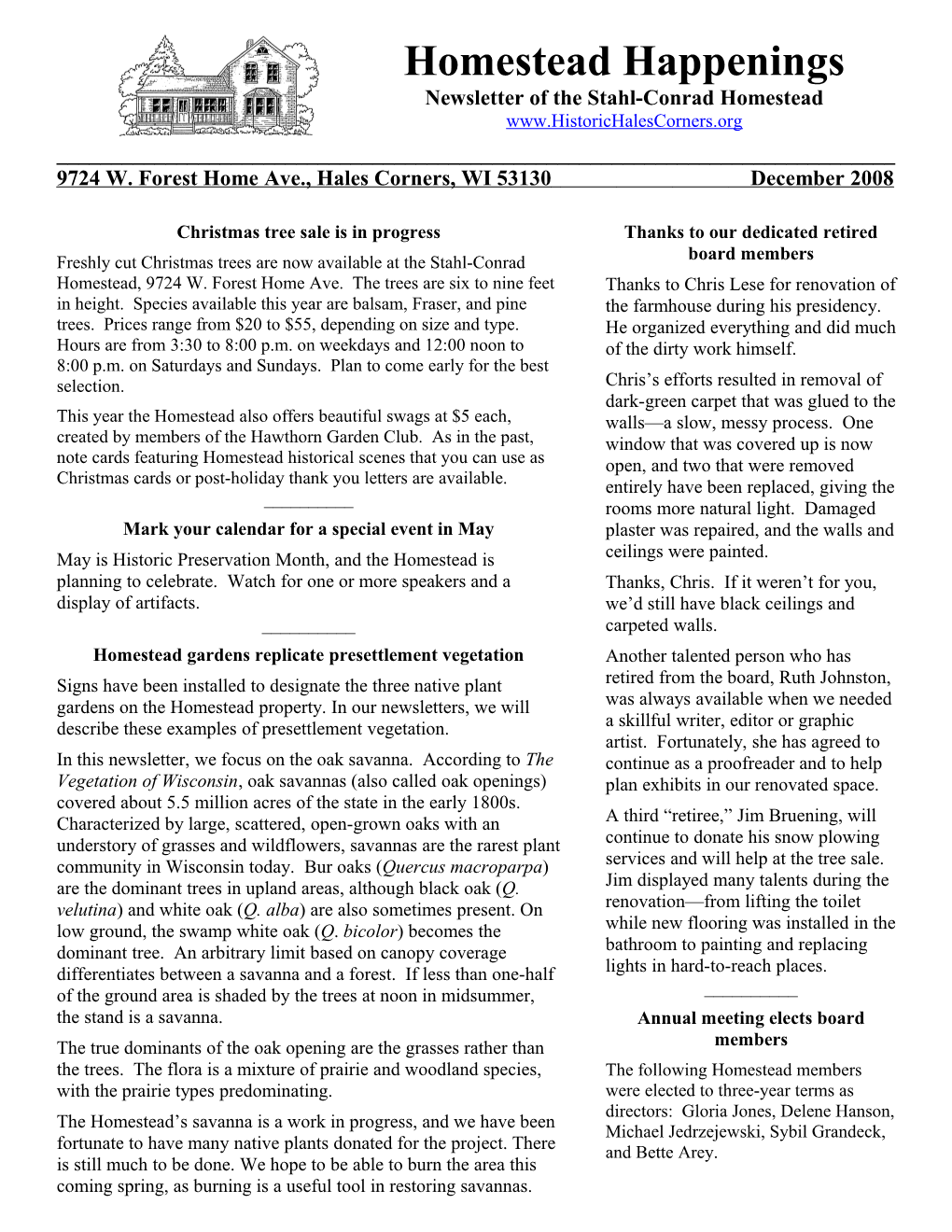 Newsletter of the Stahl-Conrad Homestead