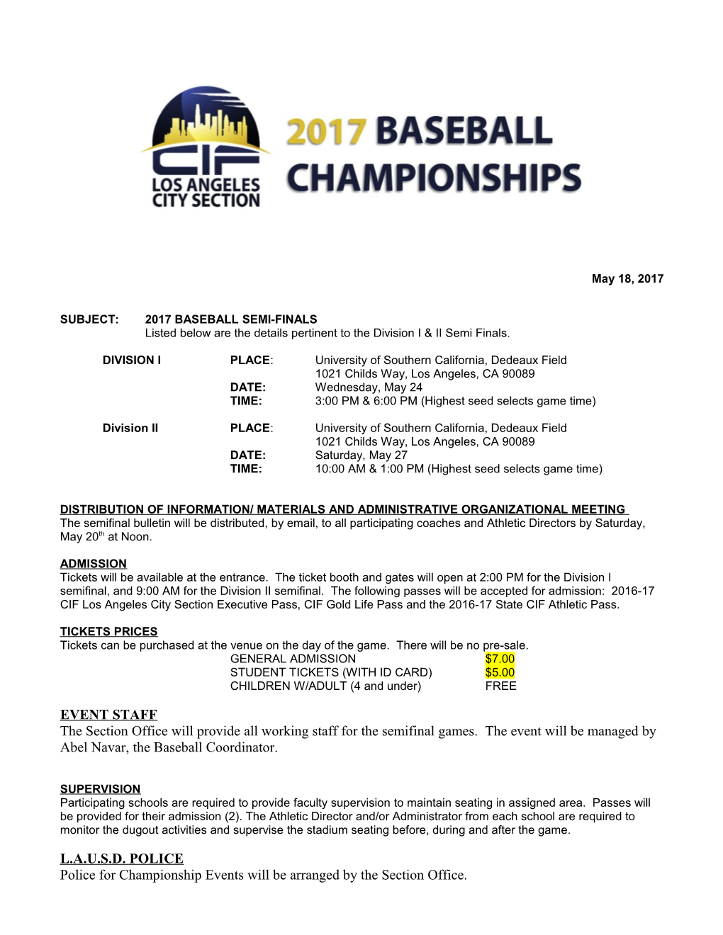 Subject: 2017 Baseball Semi-Finals