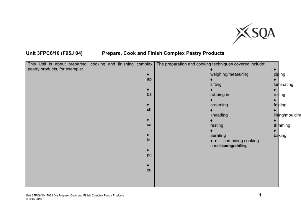 Unit 3FPC6/10 (F95J 04)Prepare, Cook and Finish Complex Pastry Products