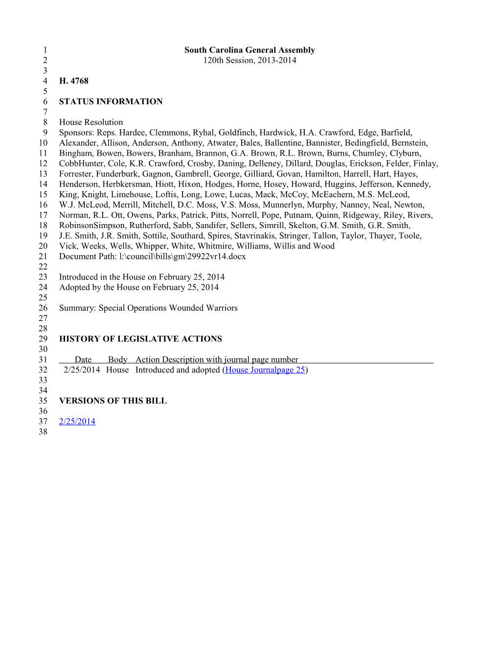 2013-2014 Bill 4768: Special Operations Wounded Warriors - South Carolina Legislature Online