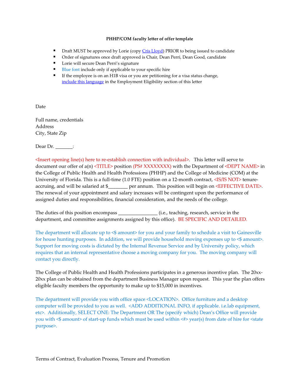 PHHP/COM Faculty Letter of Offer Template