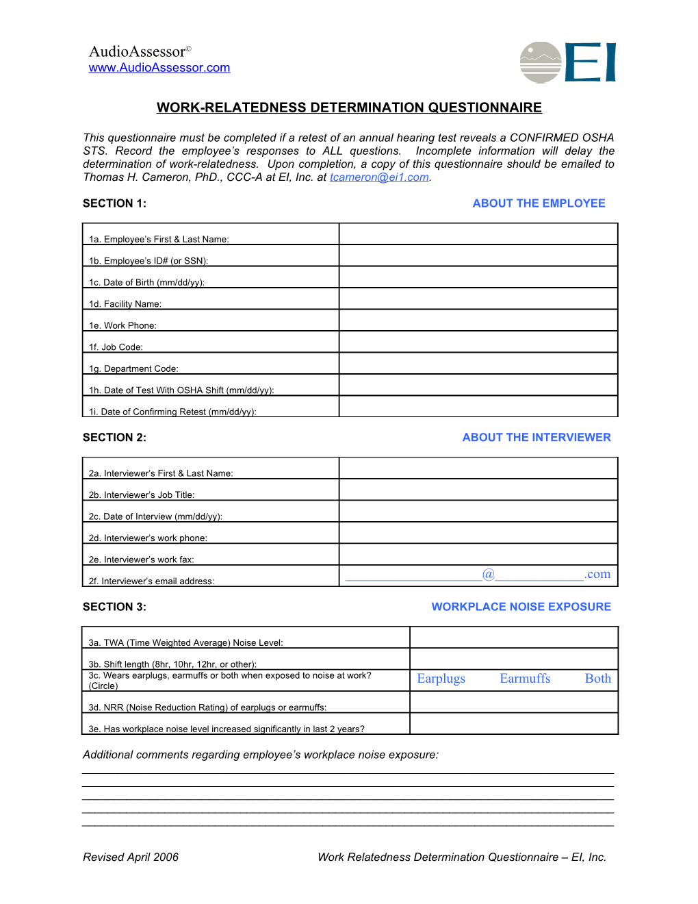 Work-Relatedness Determination Questionnaire