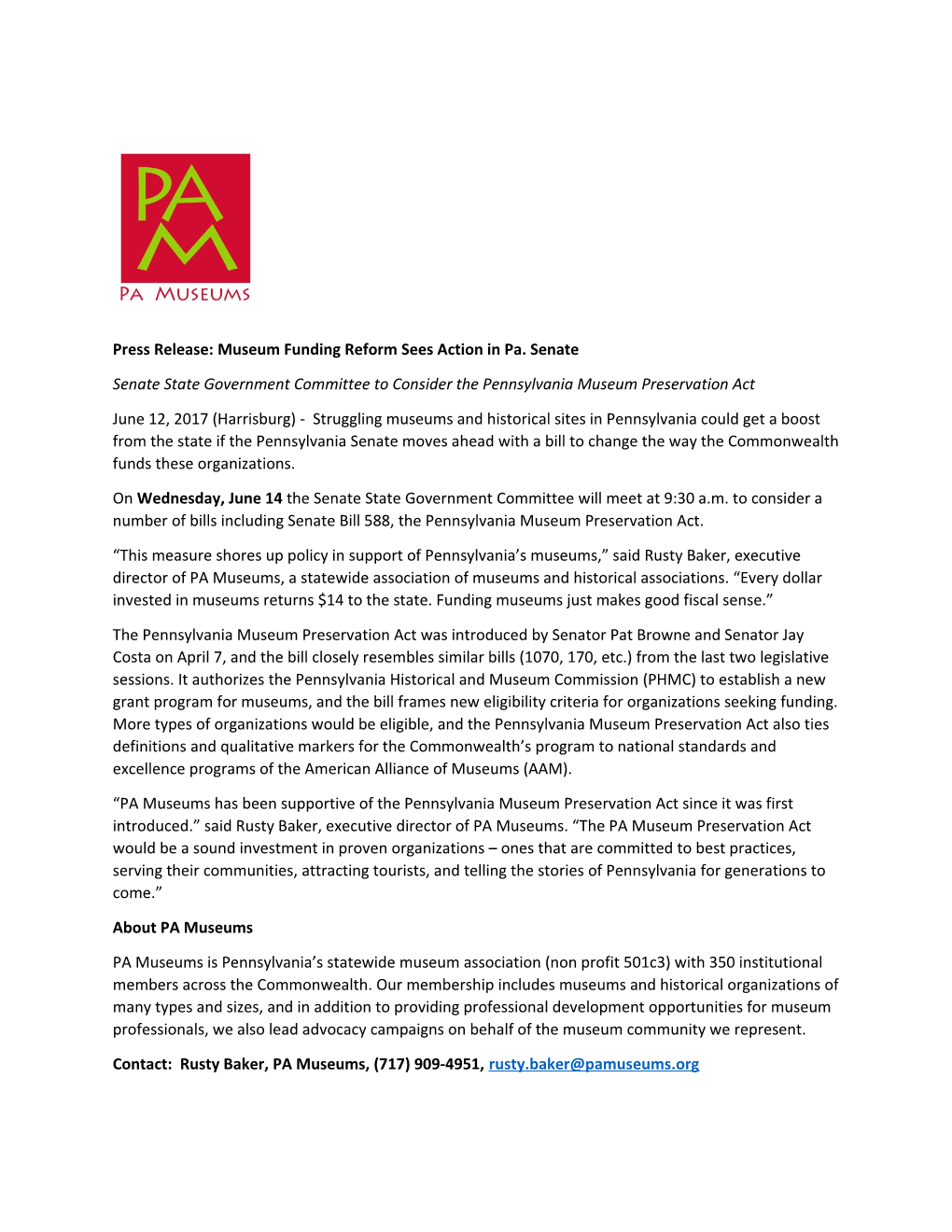 Press Release: Museum Funding Reform Sees Action in Pa. Senate
