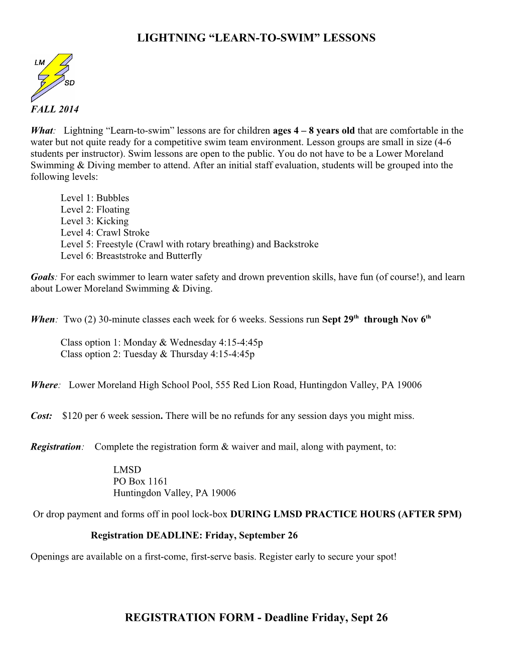 Lmsd Swim Lesson Registration Forms Fall 2014