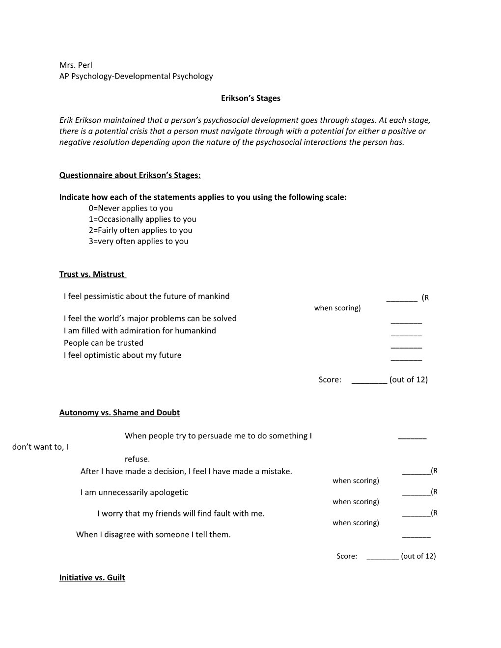 Questionnaire About Erikson S Stages