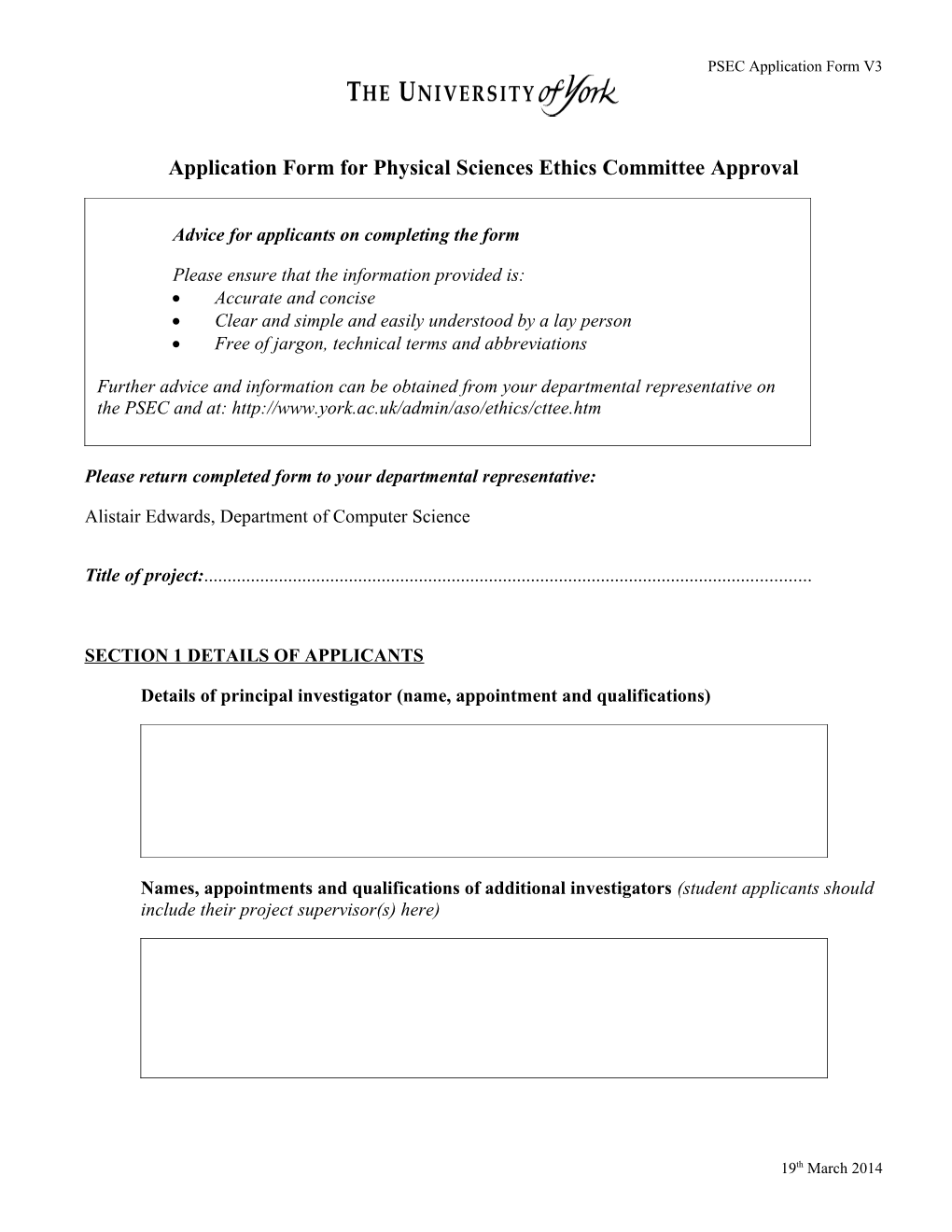 Application Form for Ethics Committee Approval