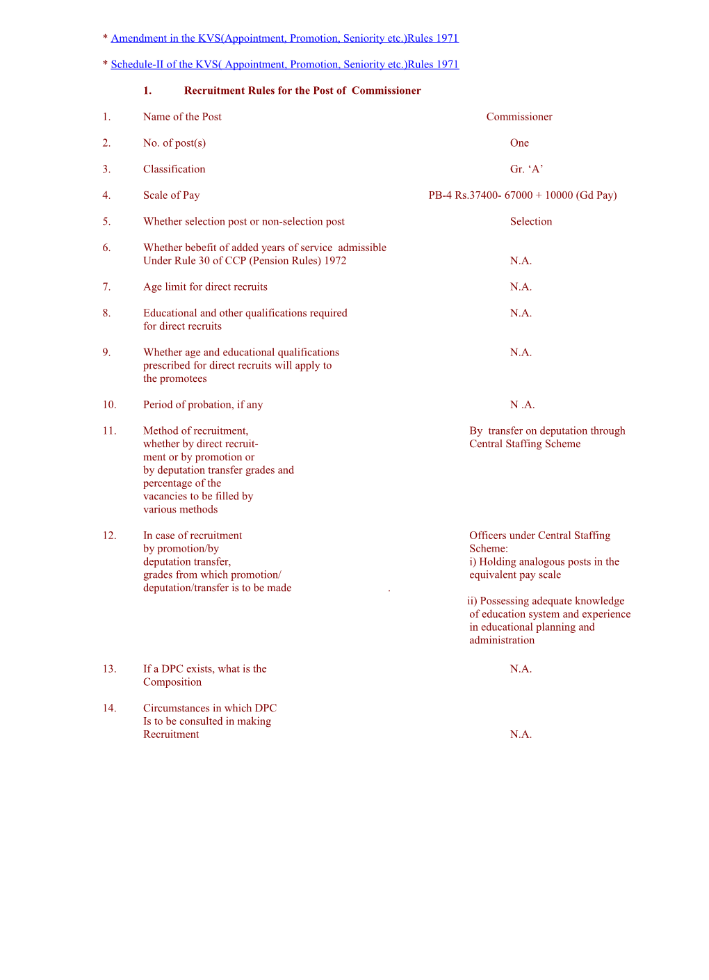 * Amendment in the KVS(Appointment, Promotion, Seniority Etc.)Rules 1971